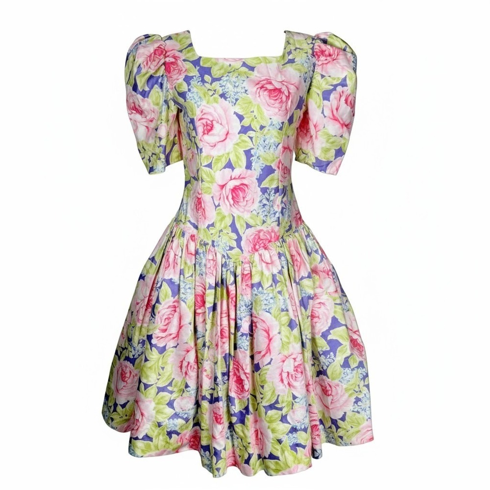 Vintage Joan Calabrese Kids‎ Puff Sleeve Floral Rose Print Bow Tie 80s Dress 8P